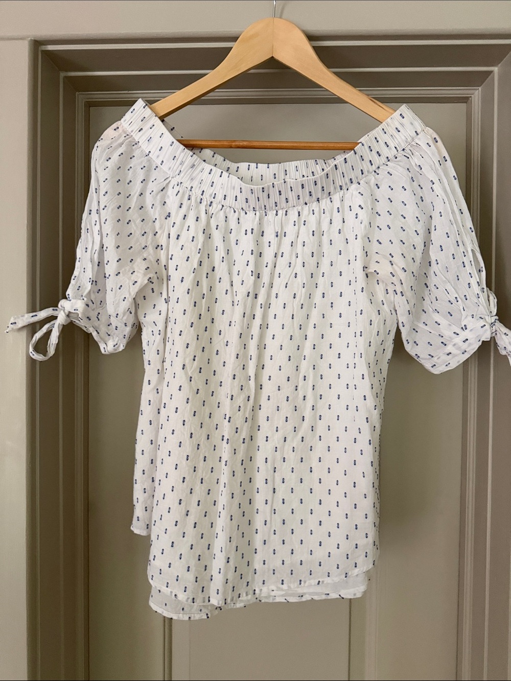 THML White Off-Shoulder Top with Blue Dot Motif
